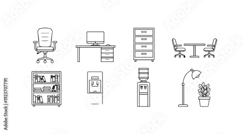Office Furniture and Equipment Icons in Line Art Style