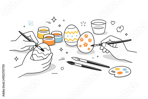 Easter handmade ceramics. Decorating ceramic eggs with simple patterns, brushes and paint jars nearby, focused creative work and friendly DIY mood. Minimalist