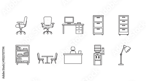 Office Furniture and Equipment Icons Set, Line Art Style