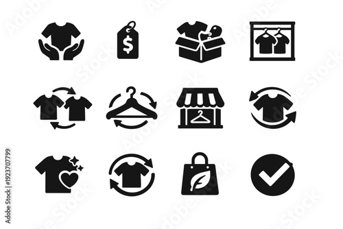 Clothing Reuse. Solid icon set of Clothing Reuse: second hand clothing, resale price tag, donation box, shared wardrobe, clothes swap arrows, reuse hanger,