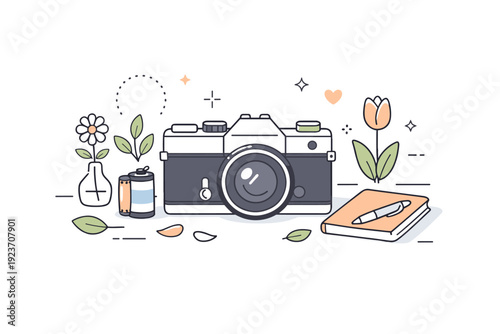 Analog camera close-up. A vintage film camera displayed on a table with spring-themed props like flowers, leaves, and soft light reflections, suggesting
