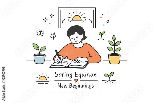 Morning journaling on spring equinox. A person writing in a notebook near a window with gentle sunlight and simple plant elements, expressing intention-setting