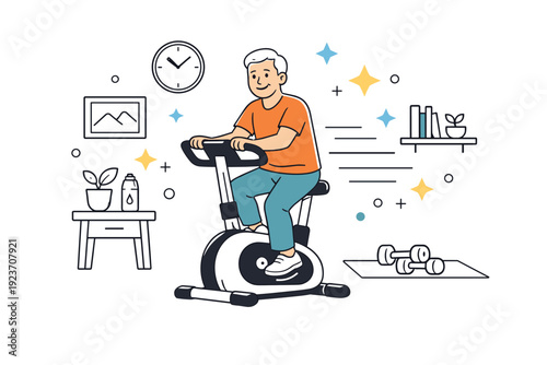 healthy aging cardio at home. A senior using a stationary bike or gentle stepper, abstract floating stars and motion lines showing calm activity and energy,