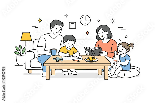 Family at home. Cozy home scene with family members sitting together on a sofa or around a table. Calm domestic mood, comfort and routine, minimal interior