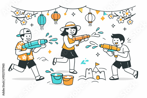 Songkran street festival. Characters playing with water guns in a playful and friendly setting, surrounded by soft festive elements like lanterns and blossoms.