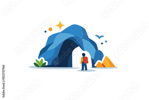 Cave metaphor showing a small figure near a cave entrance with gentle decorative elements emphasizing scale and exploration. The scene communicates curiosity,