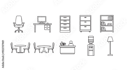 Office Furniture Icons Collection: Line Art Vector Graphics