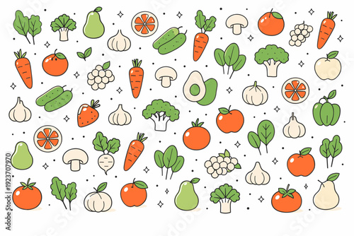 Fresh produce pattern composition. A repeating layout of organic vegetables and fruits arranged evenly with breathing room. Gentle rhythm and healthy lifestyle