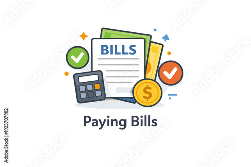 Paying bills compact editorial badge with bills, checkmarks, and subtle financial icons arranged harmoniously, communicating responsibility, stability, and