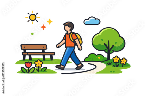 Leisurely spring park stroll relaxed walking through green spaces with flowers and simple benches, conveying peaceful leisure and connection