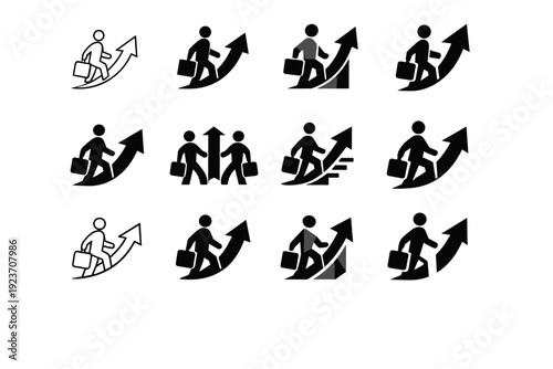 Economic migrants. Icon set. Set Logo of Economic migrants: person with suitcase and upward arrow. harmonious logo variations of the same emblematic concept,