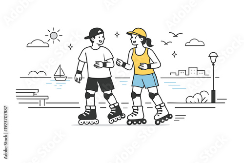 Rollerblading along waterfronts. Friends skating together side by side, chatting while moving along the shore. Social energy and light summer activity by the