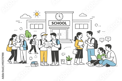 School campus life. Students standing or sitting outside a school building, talking and checking schedules. Everyday school rhythm, openness, community