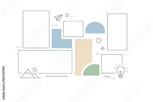 Geometric collage frame composition. Simple frames combined with abstract blocks to form a structured yet playful layout. Order, creativity, and editorial