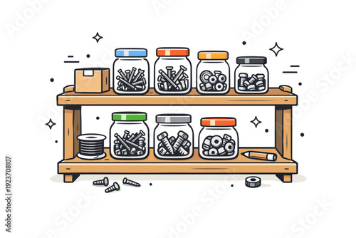 Collected jars shelves. A small workshop shelf filled with used jars containing nails, screws, and bolts. Calm, dusty corner filled with quiet functionality