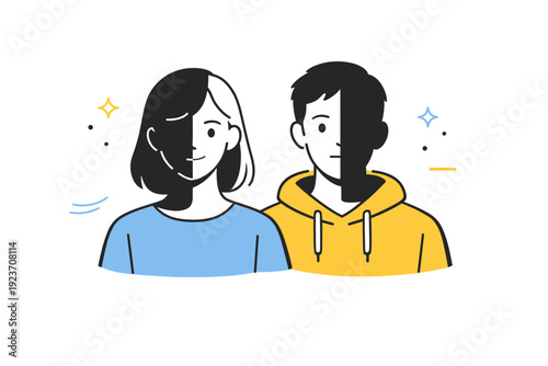 People half-lit faces. Two people standing side by side, light falling differently on each face. Subtle contrast creating emotional depth and quiet mood.