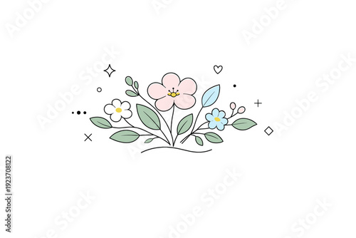 Minimal wedding florals. A delicate floral arrangement with soft leaves and simple blossoms, styled as a calm modern wedding decoration. Elegant and romantic