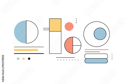 Geometric shapes and pattern systems. A clean abstract composition built from circles, rectangles, and lines arranged into a balanced modular pattern. The mood