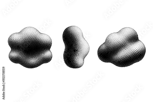 Black white dotted organic fade An organic dotted fade pattern with irregular dot density flow illustrated in front view, side view, and three-quarter view as