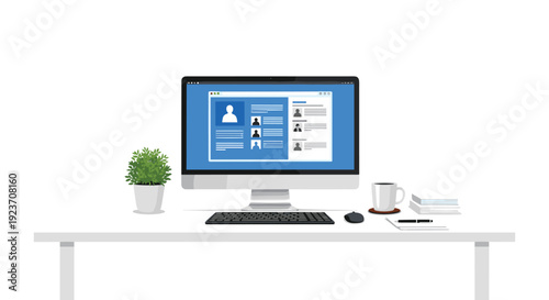A desktop computer screen displays a blue user profile interface on a minimalist white office desk with a plant.