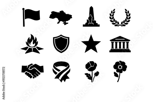 Fatherland. Solid icon set of Fatherland: national flag, homeland map outline, memorial monument, laurel wreath, eternal flame, shield emblem, star symbol,