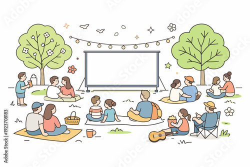 Spring community cinema event. Families and friends gathered casually in an open space, screen centered with trees around. Friendly connection, culture, and