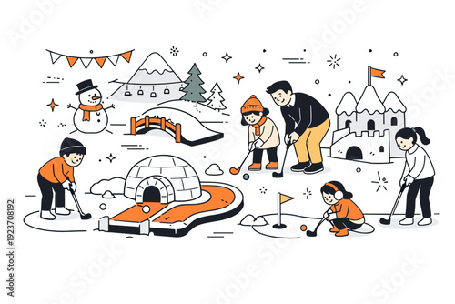 Indoor mini-golf winter fun illustration. Children and adults putting golf balls on colorful indoor course with snow-themed decorations, cozy and playful mood.