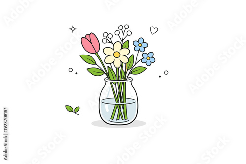 Unwrapped flowers in vases. A small arrangement of flowers placed directly into a vase after returning home, leaves and stems visible. The mood conveys