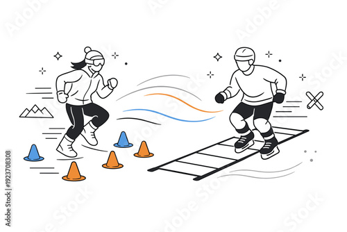 Functional training for winter athletes. Agility drills using cones and ladder on the floor, quick footwork and coordination, abstract motion lines showing