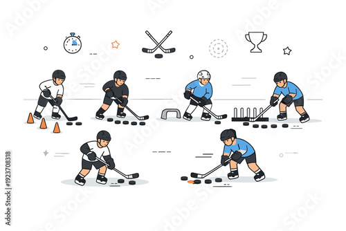Hockey stick handling training. Wide practice view on ice or training surface, multiple players spaced out doing individual stickhandling drills, sense of