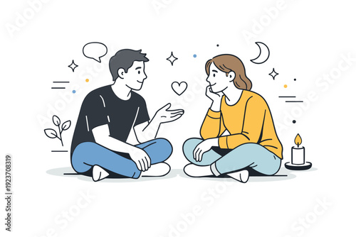 Calm technology-free evenings ? quiet conversation together. A warm scene with two people sitting and talking face to face, gentle gestures,