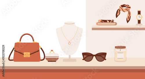 Women's fashion accessories including a handbag, necklace, sunglasses, scarf, watch, and candle are arranged on a counter.