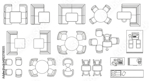 Top-down view of various furniture arrangements and layouts for interior design.
