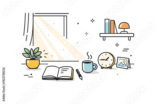 Peaceful Afternoon Desk. Afternoon slowdown. Sunlight enters through a window onto a desk with minimal work items. Peaceful mid-day atmosphere with warm