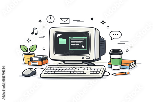 Obsolete gadgets nostalgia. A casual workspace with an old CRT monitor and keyboard still connected, turned on in a soft glow. Functional