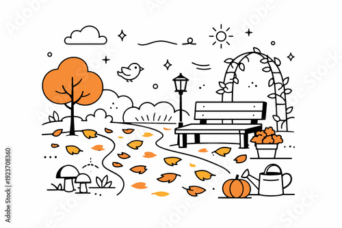 Autumn garden scene. Leaves scattered across a quiet garden path, soft floating decorative elements enhancing calm, cozy atmosphere. Minimalist flat vector