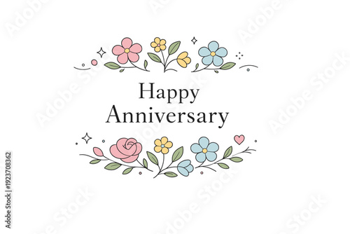 Minimal floral anniversary card. Delicate flowers arranged in a simple balanced composition, expressing love and celebration. The mood feels elegant, calm, and