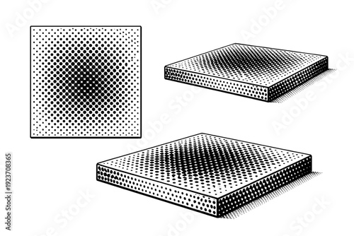 Black and white dot pattern tile described as a single repeating tile object shown in three views: front view, side view, and three-quarter view with