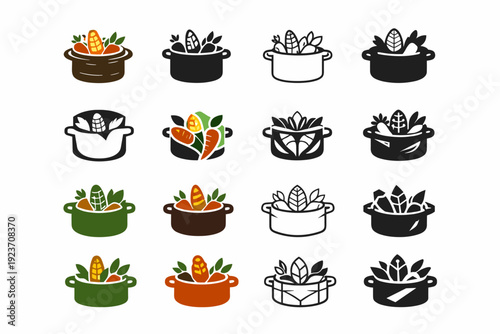 Cooking with local ingredients. Icon set. Set Logo of Cooking with local ingredients: rustic cooking pot. harmonious logo variations of the same emblematic