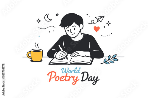 World Poetry Day writing. A focused scene showing a person writing poetry in a notebook, sitting quietly at a desk with a cup nearby. The illustration conveys