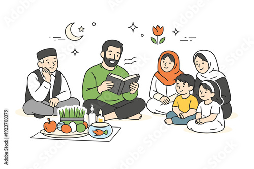 Nowruz poetry reading moments. Family members gathered together, one person reading poetry aloud while others listen calmly. Warm cultural