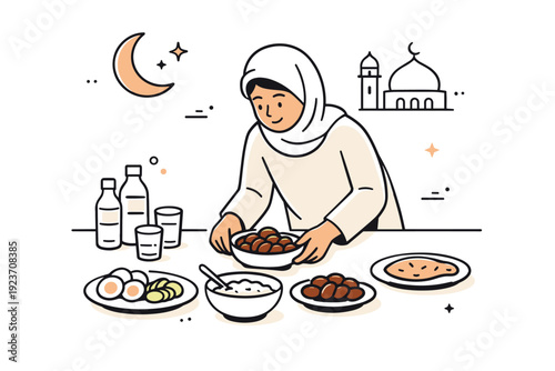 Early morning Ramadan breakfast scene. Soft lighting over person arranging food plates, dates, and water on a table, serene and mindful atmosphere. Friendly