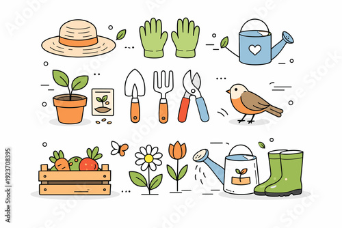 Garden element vectors. A set of simple garden tools and plants arranged neatly with plenty of white space, creating a calm outdoor mood. Clean decorative