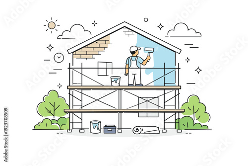 Home renovation. Exterior facade with scaffold and a painter applying fresh coat, surrounded by greenery and soft clouds. Scene represents