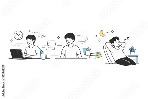 People transitioning between states at work. A person shifts from focused activity to rest, with objects gently moving aside. Pause between