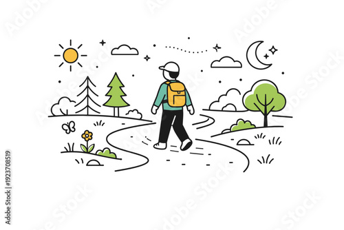 Equinox Forest Walk. Spring equinox nature walks ? walking along a forest path. A peaceful scene with a person moving along a winding path between trees, light