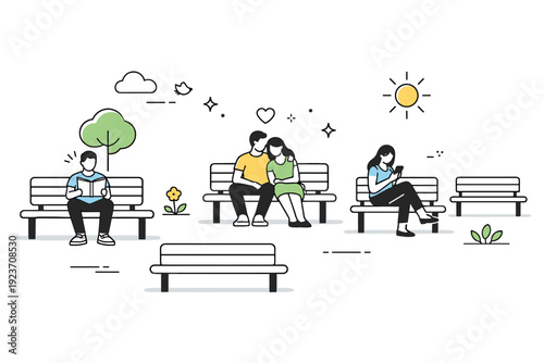 Benches used again. Several benches appear in a public space, some occupied, some empty. Rhythm of presence and absence, calm everyday scene