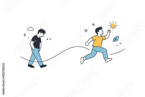 People symbolizing fresh start or personal growth. Two versions of the same character, one behind and one ahead, connected by a soft guiding line. Editorial