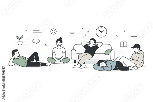 Hanging out without activity. A wide composition shows several people sharing a space, each resting in their own posture, without interaction or distraction.