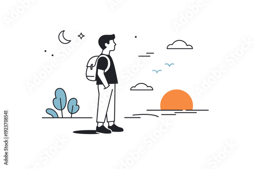 Evening light lingering. A person walking or standing outside while the sun remains low but present. Gentle shadows and warm daylight suggest time stretching